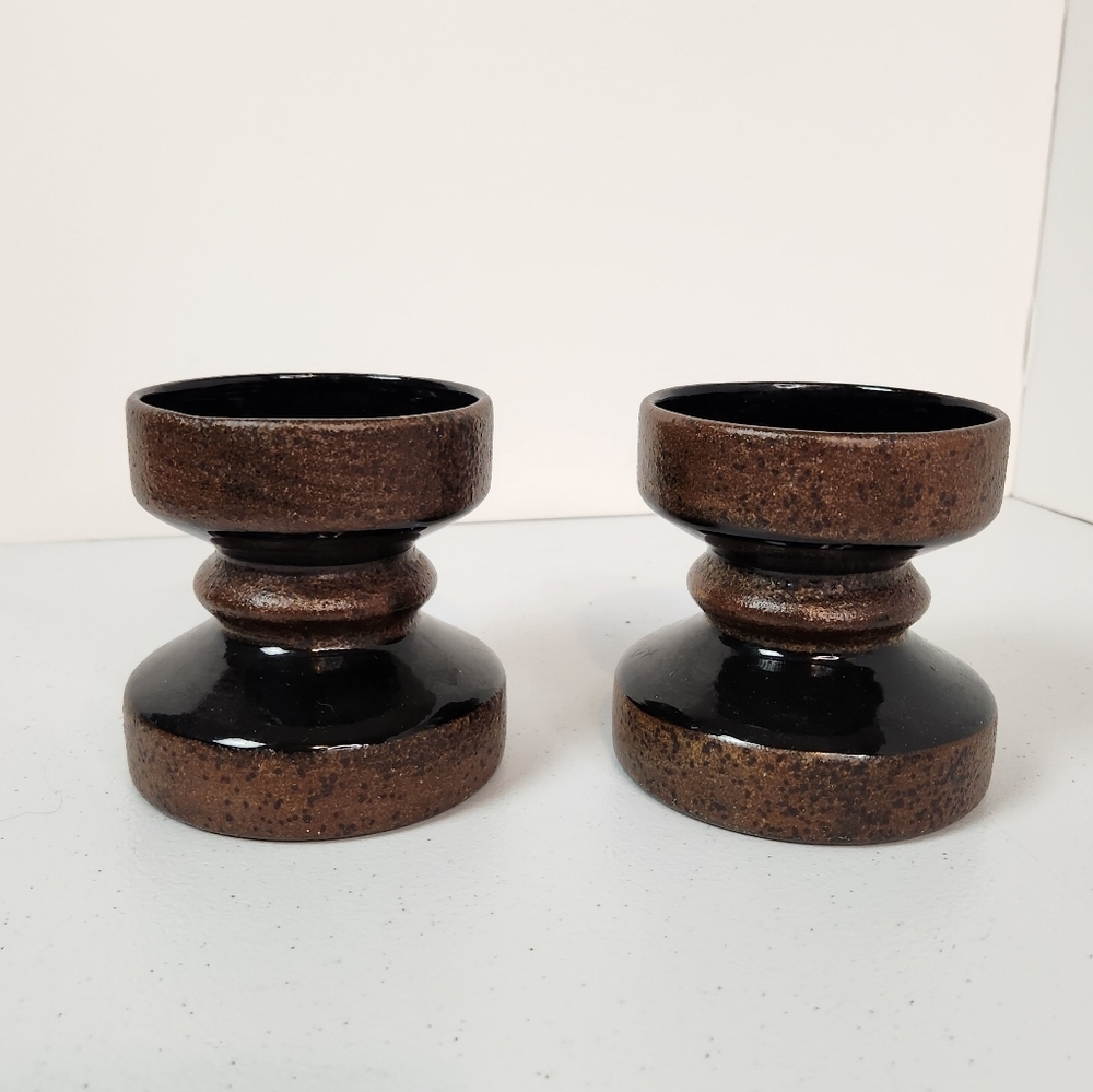 Vintage Glazed Stoneware Cups Vase Short Geometric Rustic Folk Art Brutalist